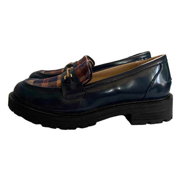 NWT SAM EDELMAN Kids Baltic Navy & Rust Tully Lug Sole Plaid Loafers Sz 4 - Picture 3 of 6